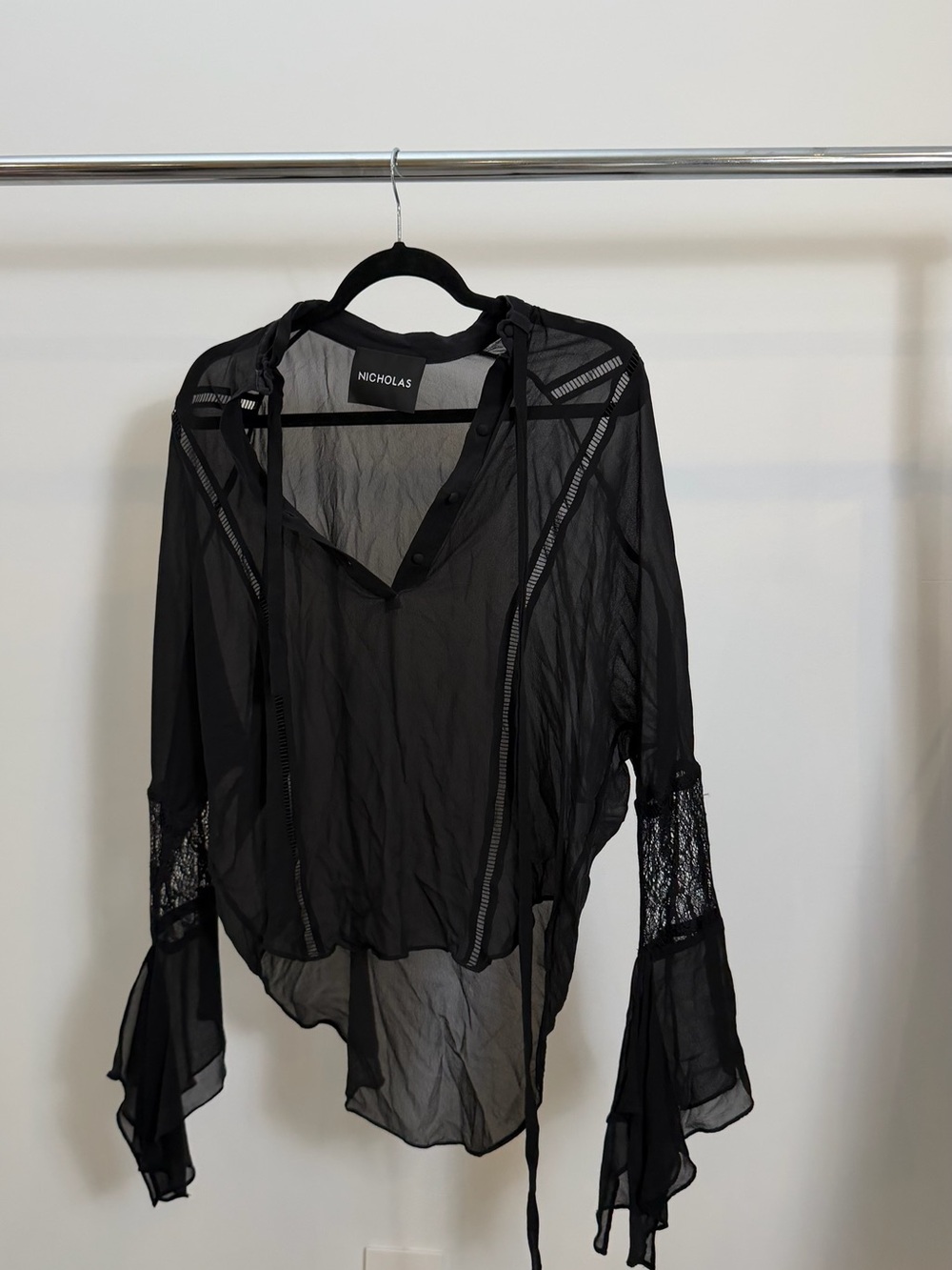 NICHOLAS Black Sheer Lace-Inset Tie Blouse